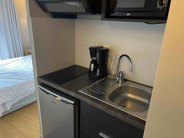 A kitchenette in a Dijon apart-hotel: two-burner induction hob, under-counter fridge, microwave, and a single bed visible on the left