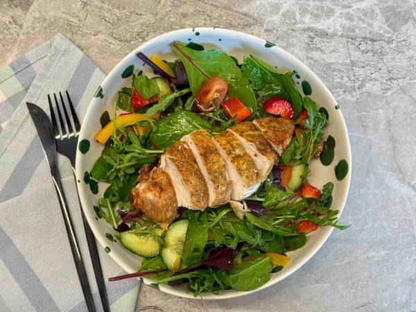 Spring chicken salad in the air fryer — 55g protein, under 470 calories