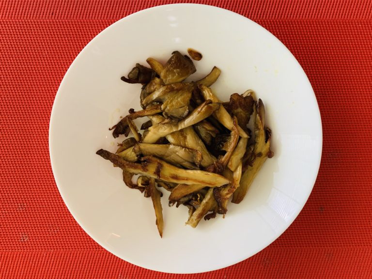Pan fried, garlic infused oyster mushrooms with a dab of honey mustard.