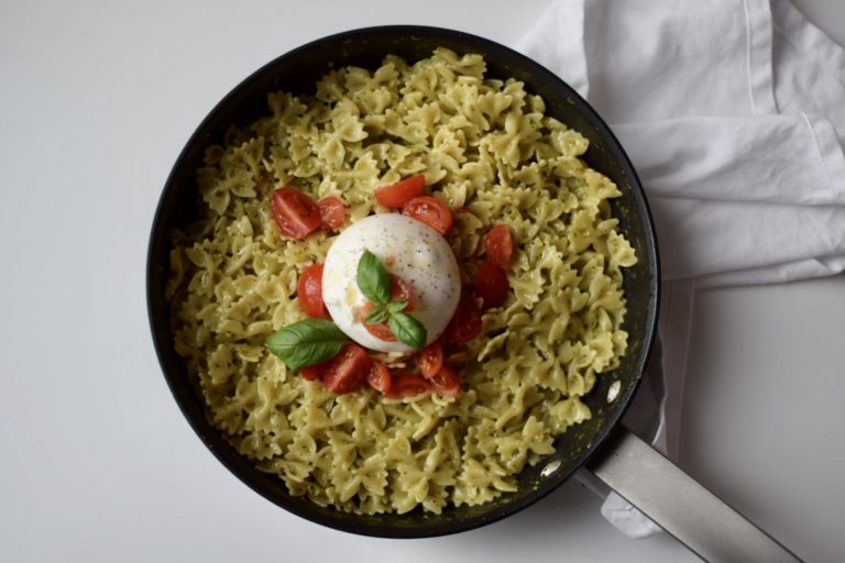 Pesto, tomato, and burrata pasta