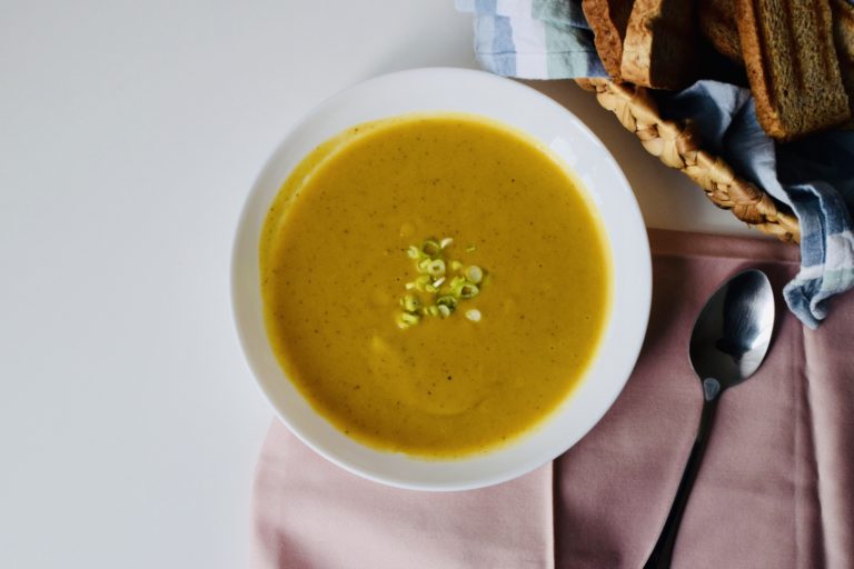 Summer squash and potato soup with spring onions